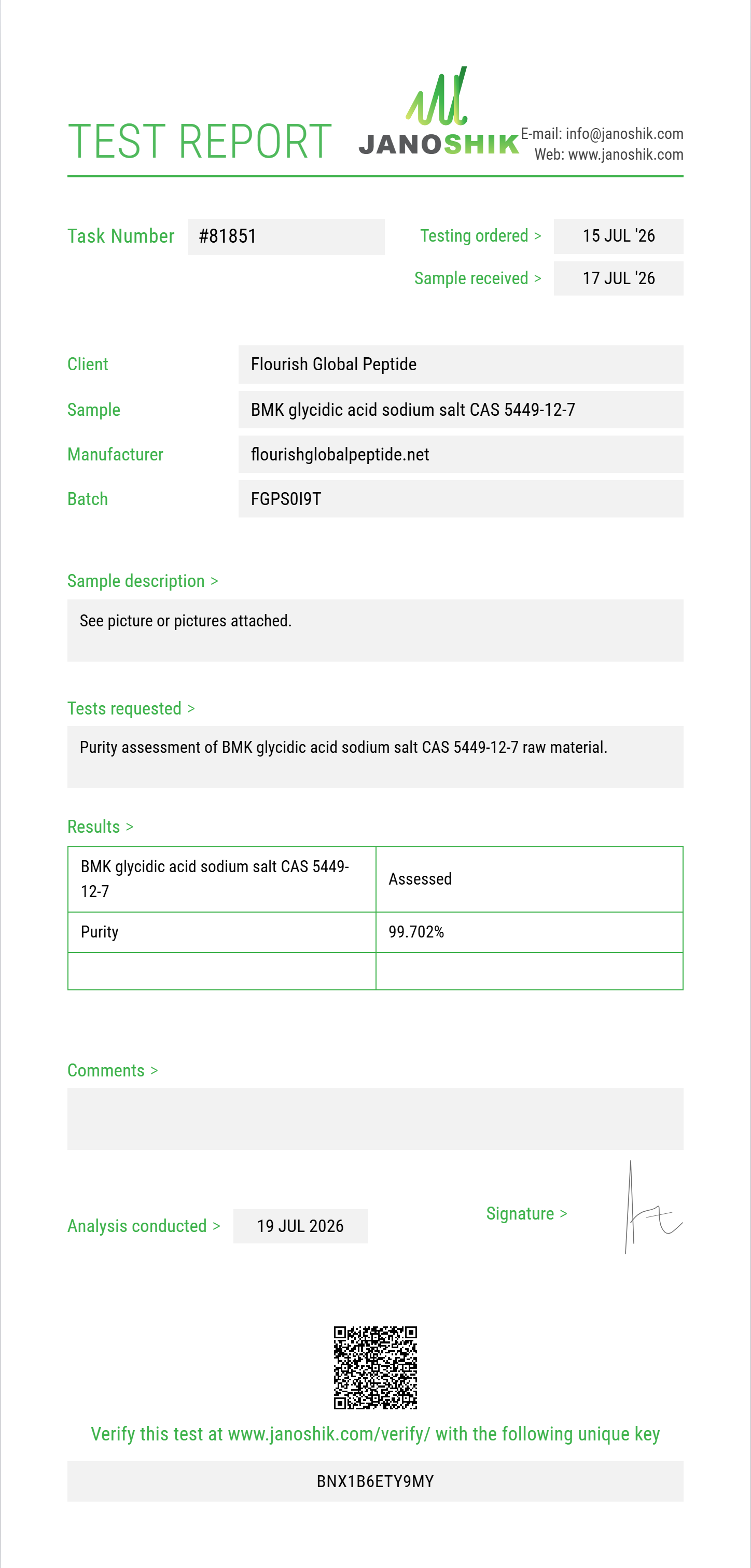 BMK glycidic acid (P-2-P methyl glycidic acid / sodium salt) CAS 5449-12-7 Purity (HPLC) report by Janoshik Analytical