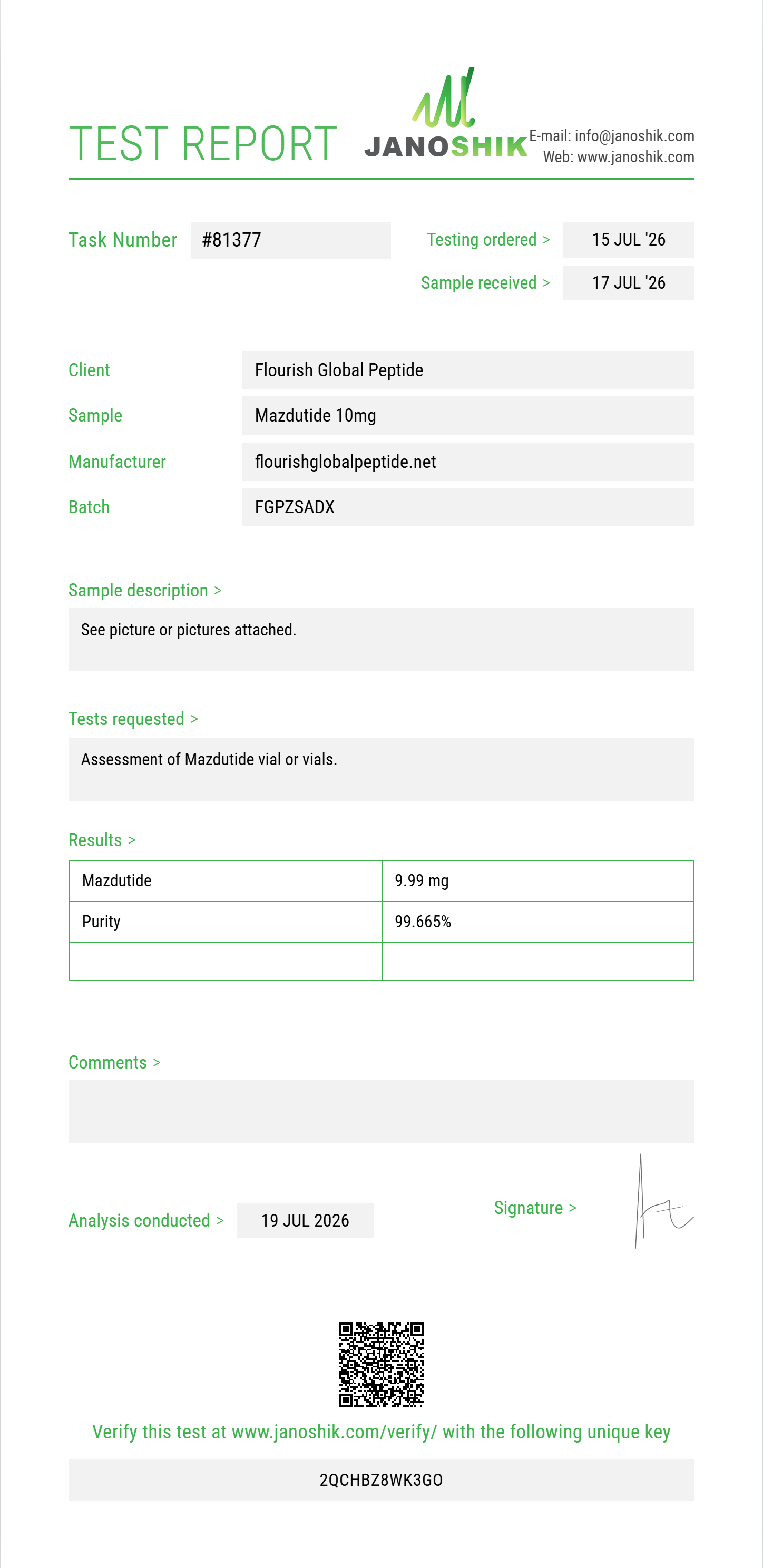 Mazdutide Purity (HPLC) report by Janoshik Analytical
