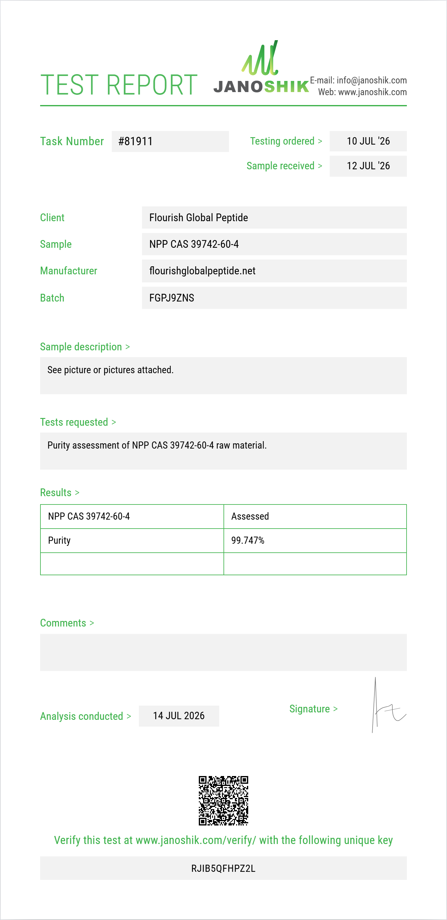 NPP (N-phenethyl-4-piperidone) CAS 39742-60-4 Purity (HPLC) report by Janoshik Analytical
