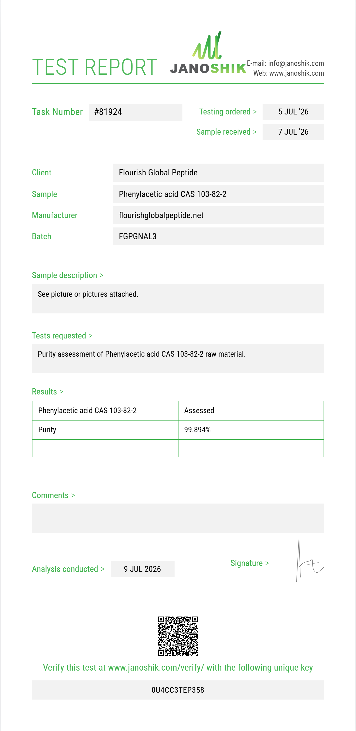 Phenylacetic acid CAS 103-82-2 Purity (HPLC) report by Janoshik Analytical