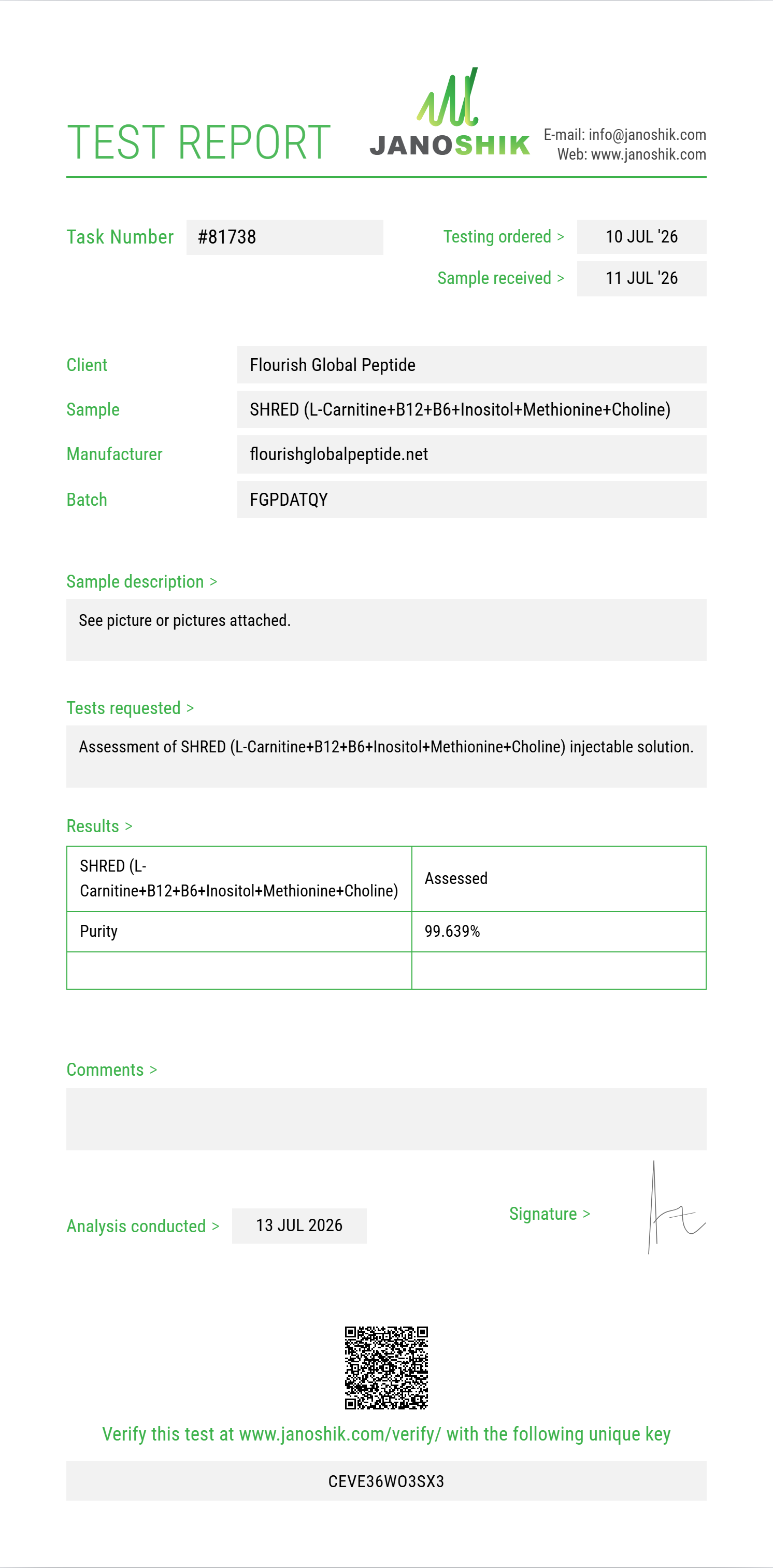 SHRED (L-Carnitine 200mg+B12+B6+Inositol+Methionine+Choline) Purity (HPLC) report by Janoshik Analytical